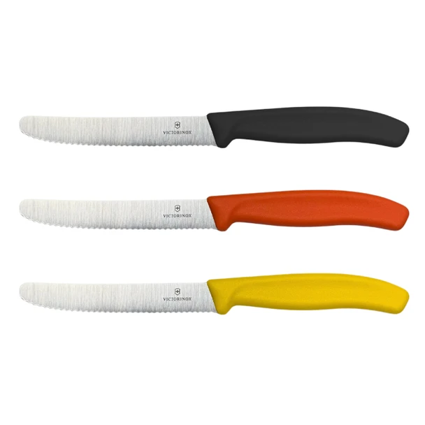 victorinox serrated rounded knives - black, red and yellow.