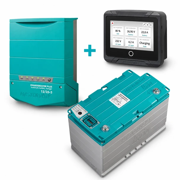 Mastervolt MLI Ultra 12/1250 battery, ChargeMaster Plus 12/35-3 charger and EasyView 5 display bundle.