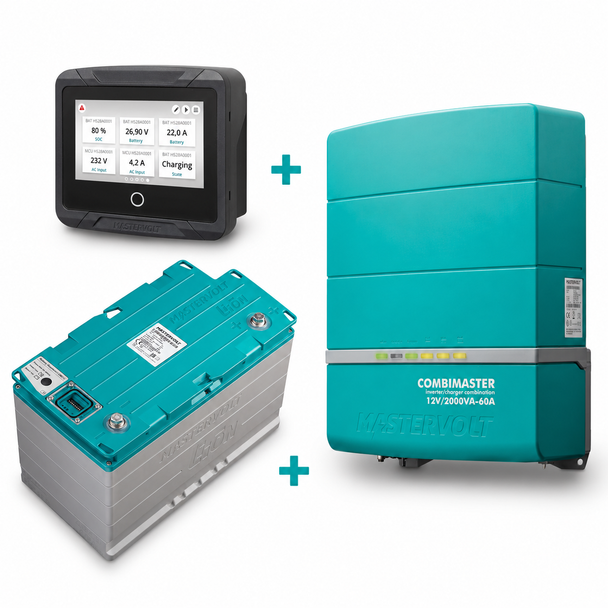 Mastervolt MLI Ultra 12/1250 battery with CombiMaster 12/2000-60 inverter charger and EasyView 5 display.