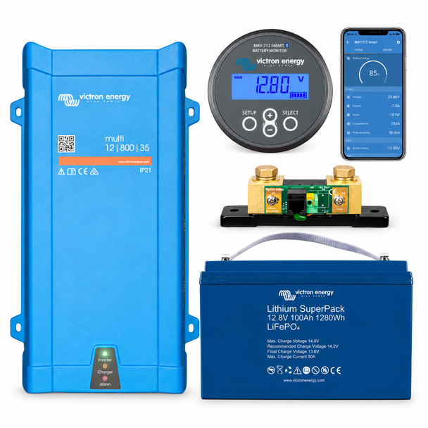 Victron Lithium SuperPack 100Ah battery, MultiPlus 12/800/35-16 inverter charger and BMV-712 Smart monitor pack.