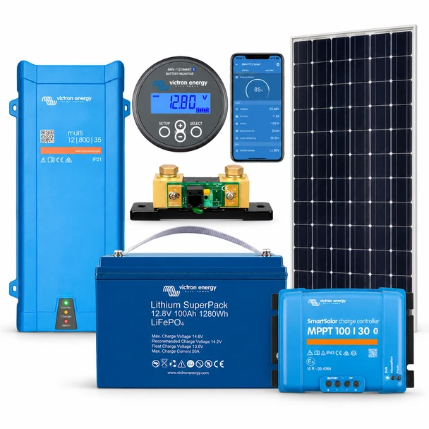 Victron 100Ah Lithium SuperPack, MultiPlus 800VA, BMV-712, SmartSolar MPPT 100/30 and BlueSolar 130W panel bundle.