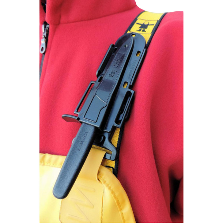 Guy Cotten belt and knife sheath on shoulder