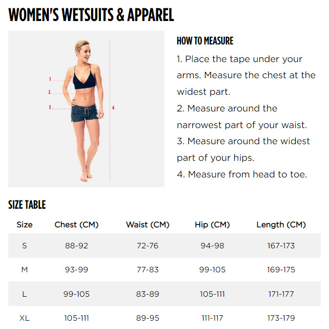 Jobe women's wetsuit size guide