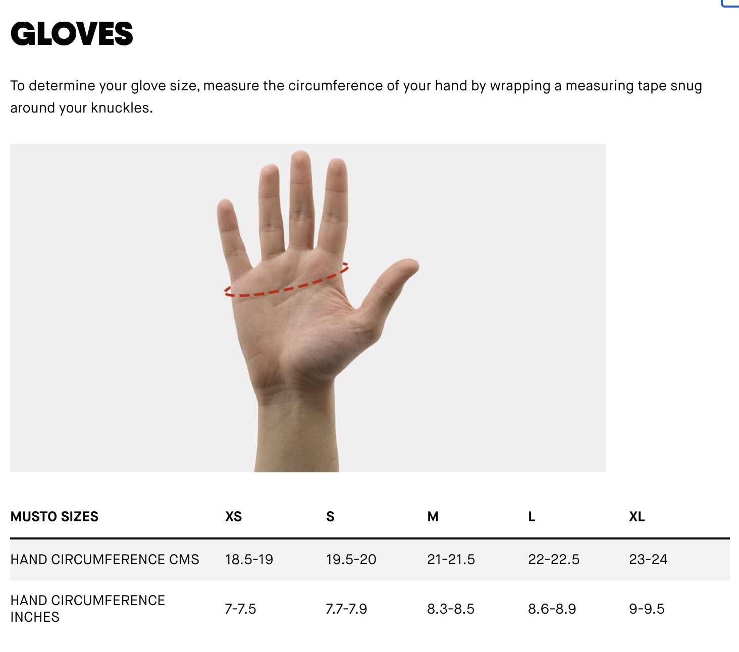 Musto glove sizing