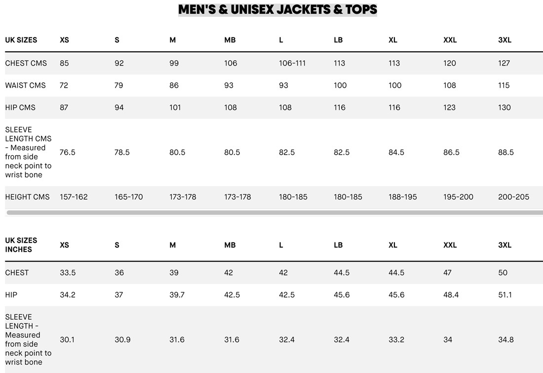 Musto men's jacket and top sizing