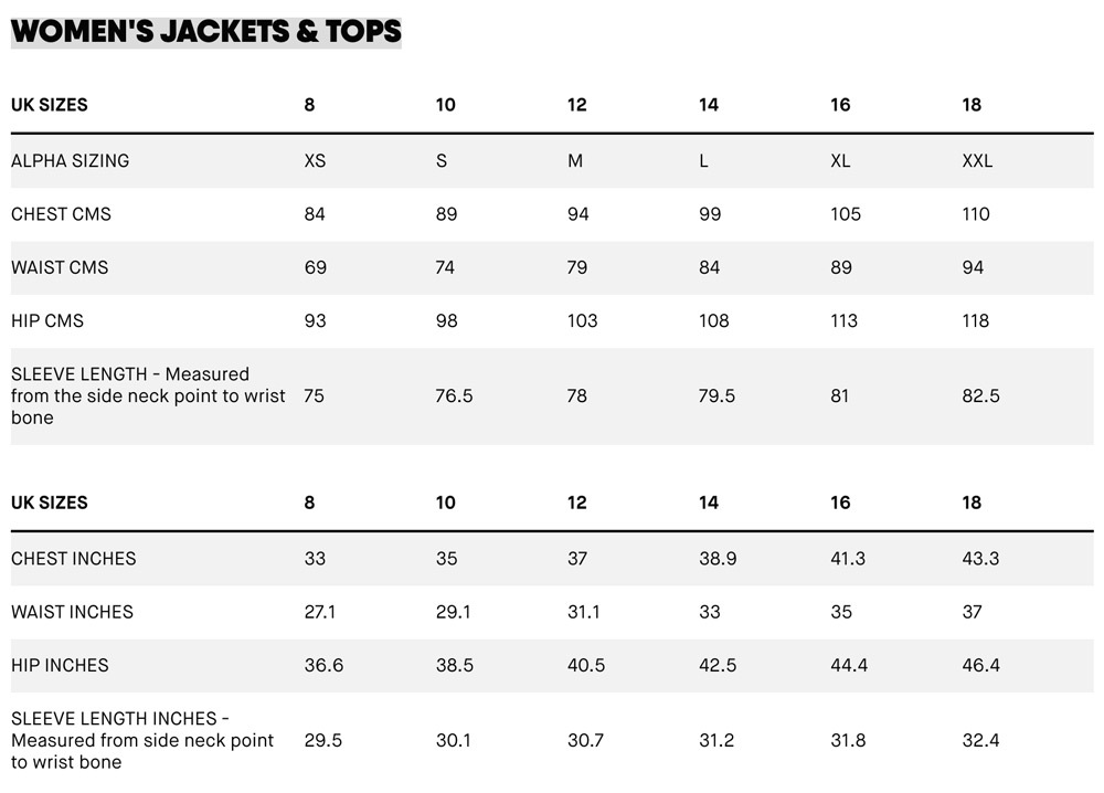 Musto women's top and jacket sizing