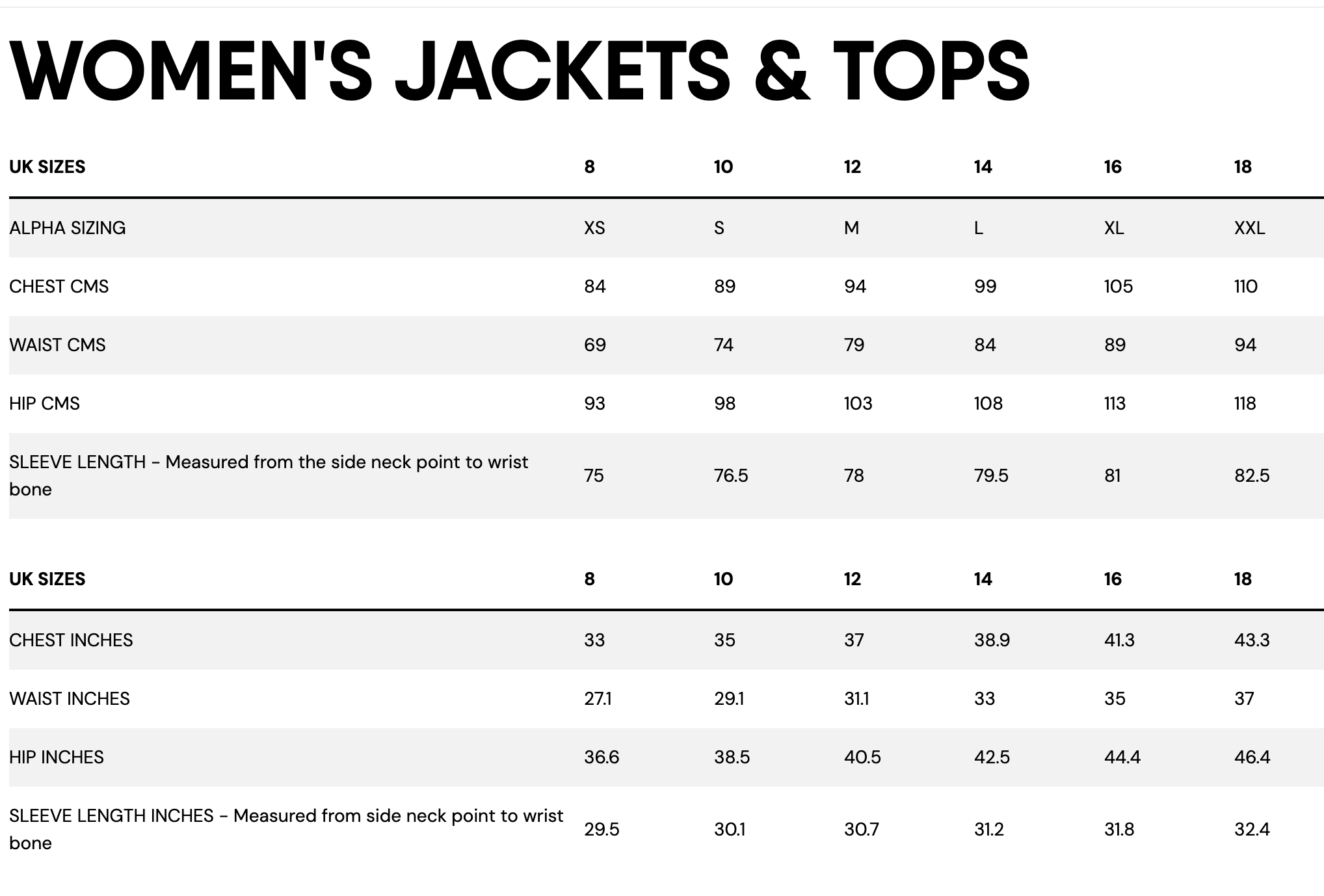 women's sizing for musto