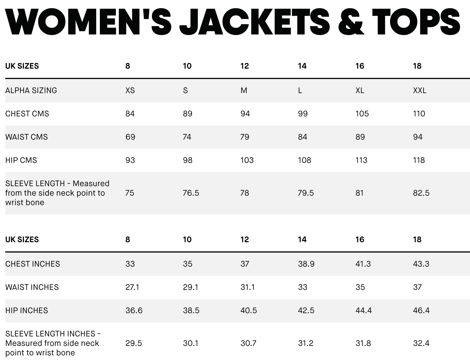 Musto women's tops and jackets sizing