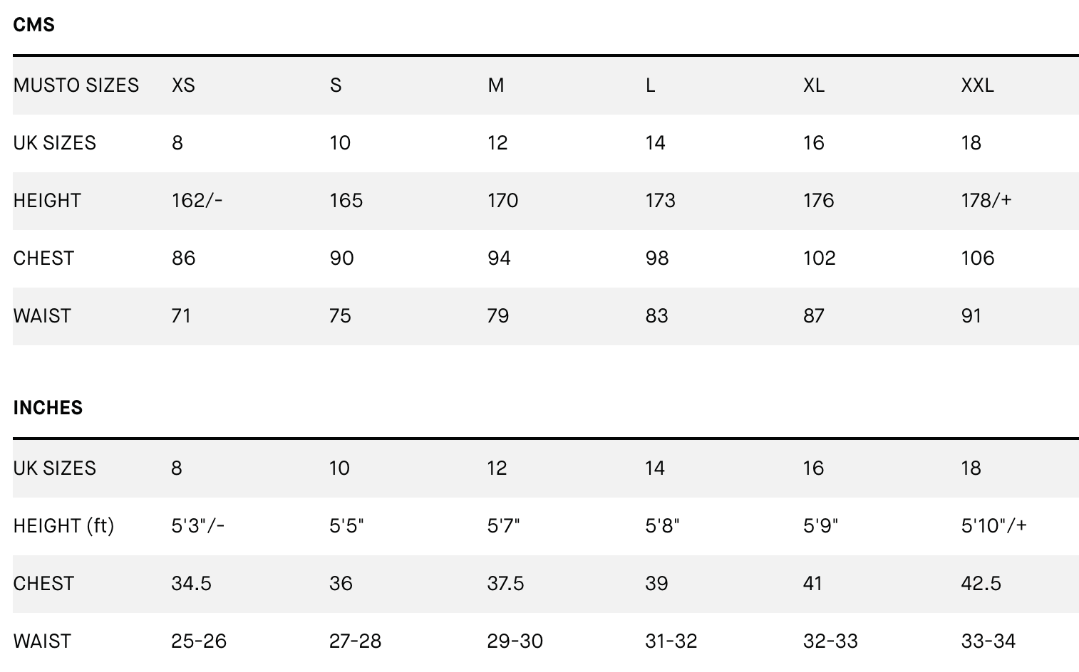 Musto women's sizing