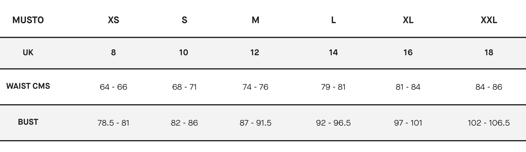 Musto women's trousers sizing