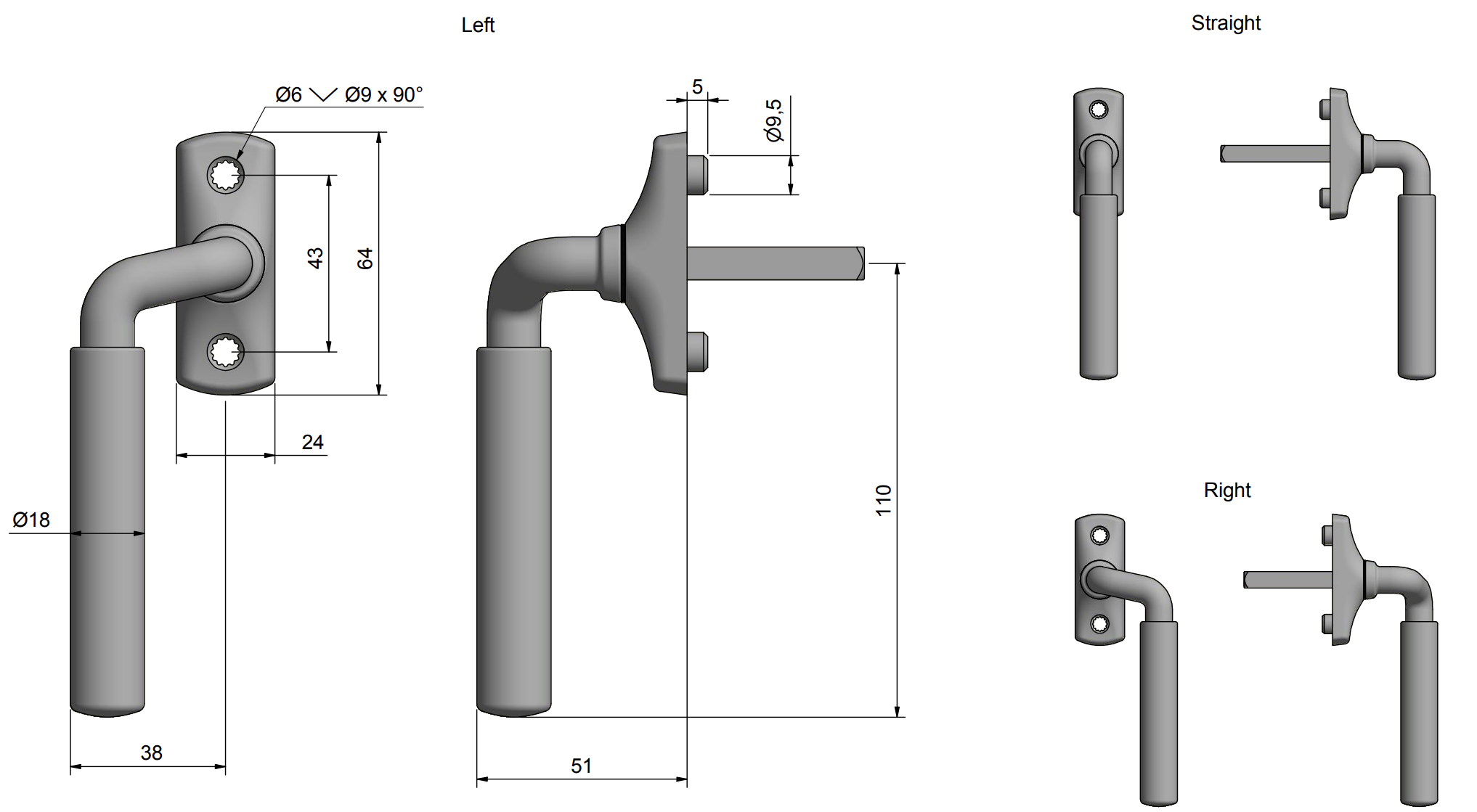 Rocan Premium Window Handle Dimensions