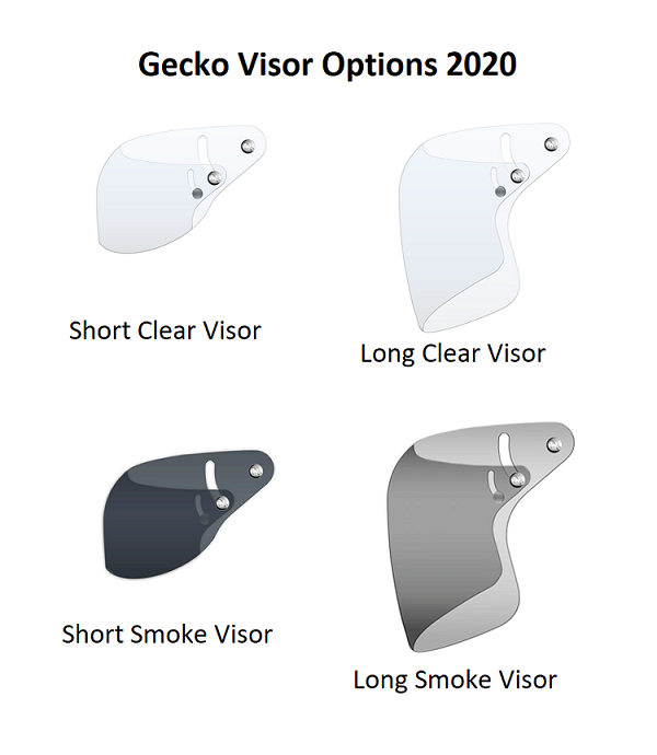 Gecko Headgear 2020 Visors with long, short, smoke and clear