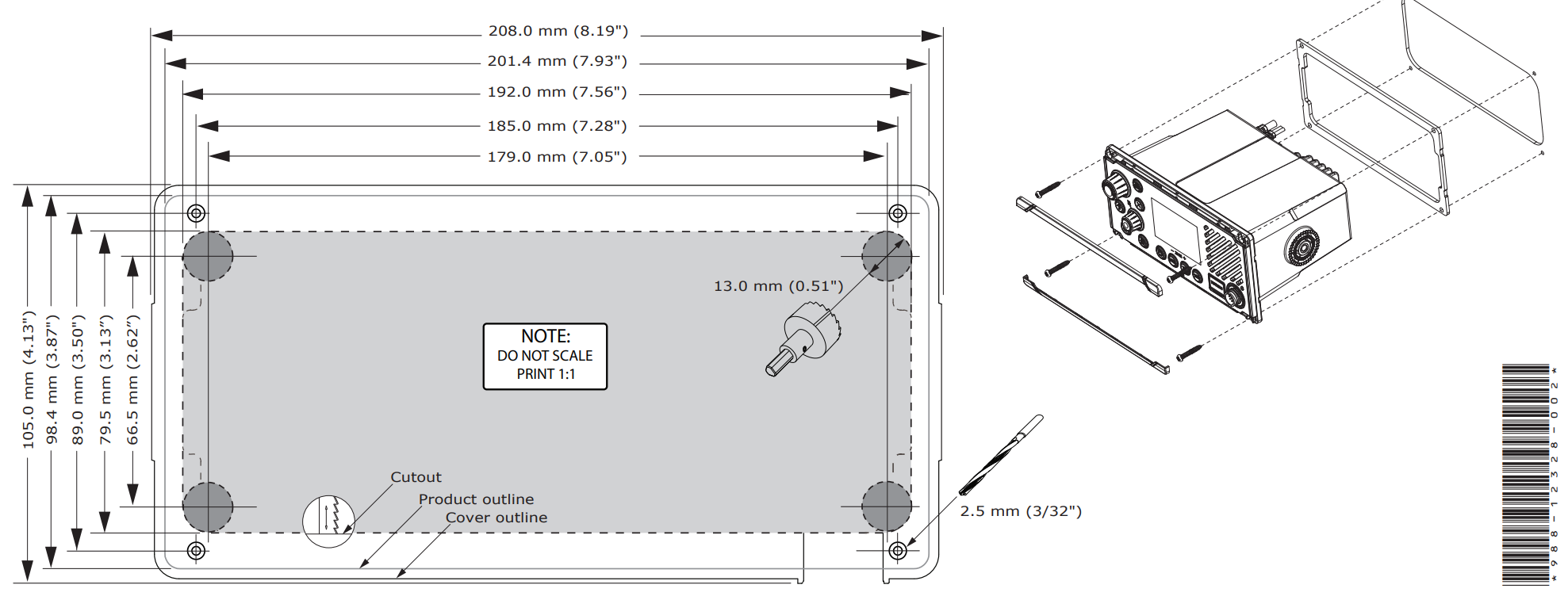 B&G V60-B VHF Radio  Dimensions & Cut-out detail