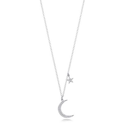Moon and Star Pave Diamond Pendant in 14k Whi [1DFAD3687]