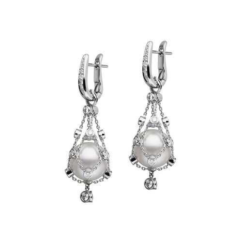 Lavalier Diamond Drop Earrings in White Gold with South Sea Button Pearls [JEOTH0634]