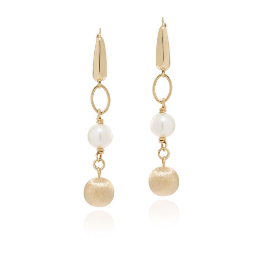 Freshwater Pearl and Satin Gold Ball Drop Style Earrings [JEOTH0807]