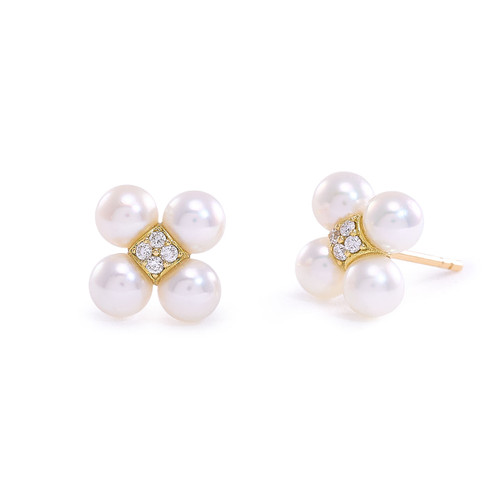 Sequence Pearl Stud Earrings with Diamonds [JEOTH0689]