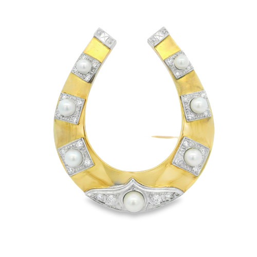 Estate Retro Pearl and Diamond Horseshoe Brooch [JAPNB0019]