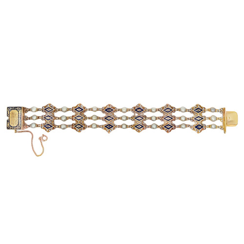Estate Victorian Multistrand Enamel and Pearl Bracelet  [JBOTH2437]