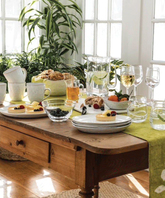 Table set with dishes serving breakfast