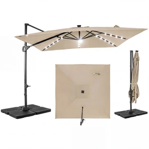 10 FT Cantilever Patio Umbrella with 32 Solar LED Lights and 220 LBS Base-Beige B593-NP13285+NP12183