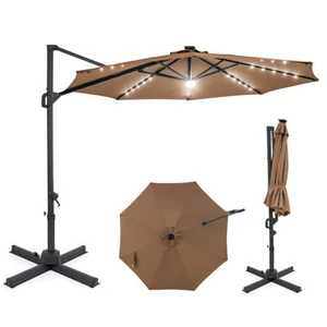 10 FT Cantilever Patio Umbrella with Solar LED Lights 360 Rotation-Brown - Color: Brown D681-NP13283CF