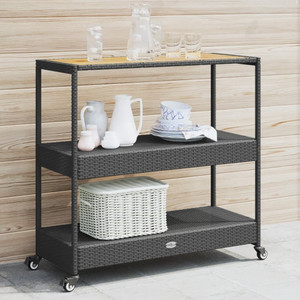 Bar Cart 3-Tier Black Poly Rattan and Solid Wood Acacia A949-368723