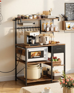 Kitchen Bakers Rack, 4.6ft Power Cable Bakers Rack with Power Outlet, Kitchen Stand with X-Shaped S E415-LSHBJ354INCHJDEBN001V1