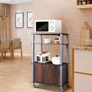 Modern 3-Shelf Kitchen Bakers Rack Cart on Wheels in Brown Wood Finish Q280-COSMIC642972