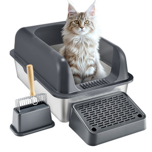 Cat Litter Box, 6 inches Deep, XL Extra Large Stainless Steel Cat Litter Box with Scoop, Wide Filte E415-BKFSMSPSHSBX1JXH4V0