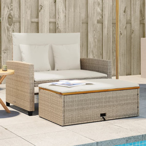  Patio Sofa with Cushions 2-Seater Beige Poly Rattan&Acacia Wood A949-365143