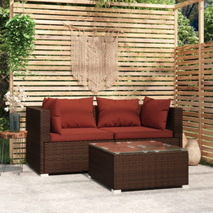  Patio Furniture Set 3 Piece with Cushions Brown Poly Rattan A949-317543
