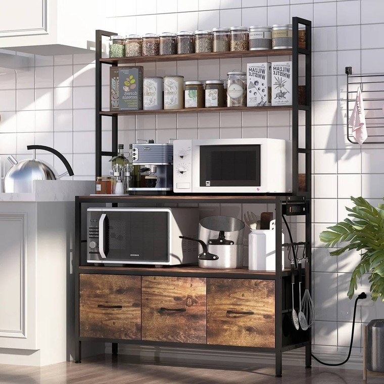 Black Metal Kitchen Baker's Rack with Brown Wood Shelves and Storage Cabinets Q280-RBSPWAC15958476