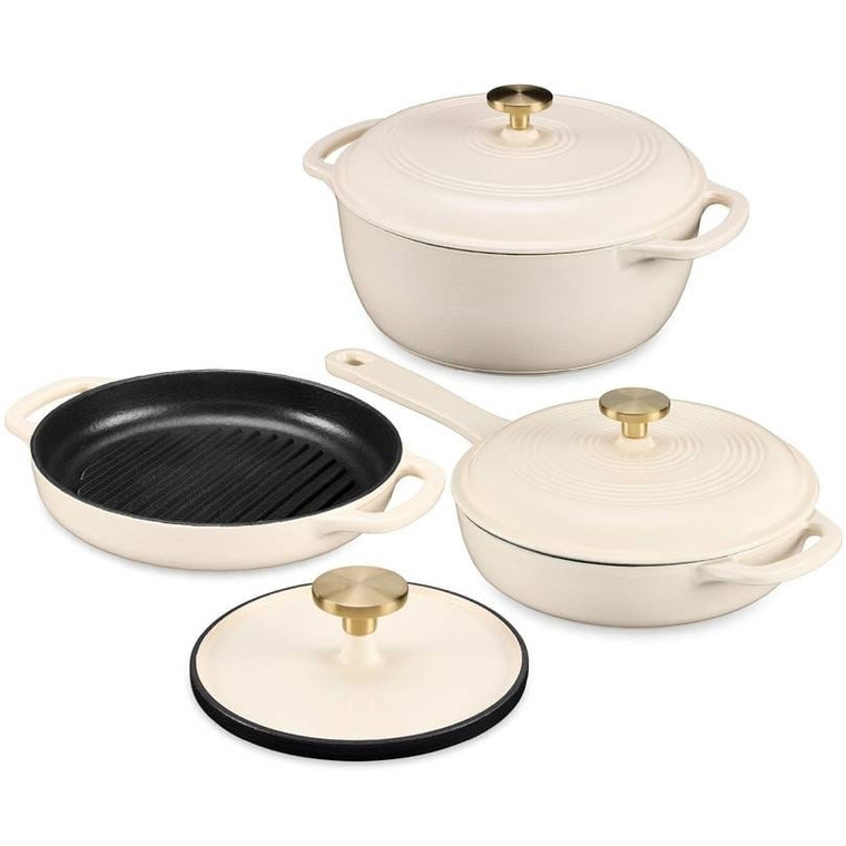 Cream 6-Piece Non-Stick Cast Iron Cookware Set - Skillet Grill Pan Dutch Oven Q280-VANBC501993