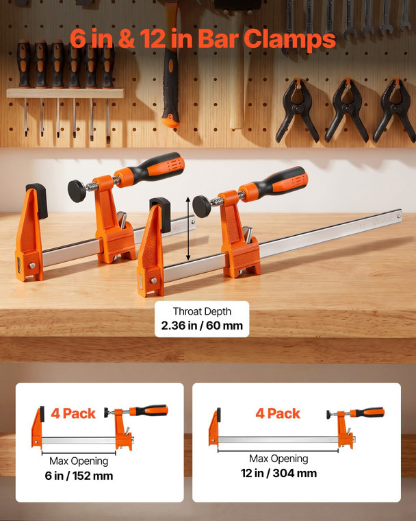 Bar Clamps for Woodworking, 8-Pack, 6" and 12" F Clamps, 600 lbs Load Limit, with Plastic Pad and S E415-FJZTDSD8JT6IBWBGS001V0