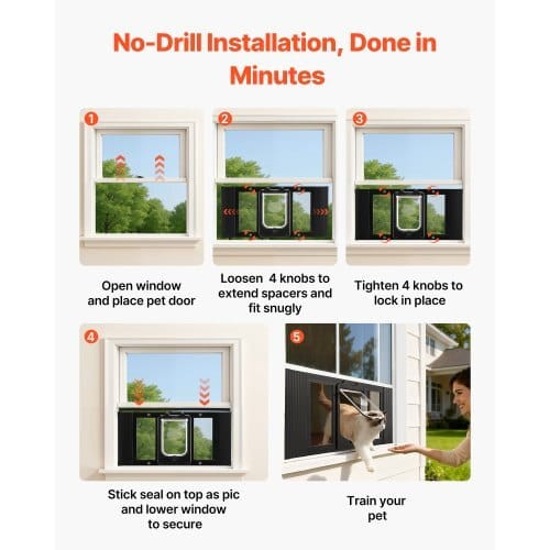 Cat Door for Window, Adjustable to Fit Window Width 27"-32", 4 Secure Lock Modes, Aluminum Frame an E415-CHMMZYSSK273KNOC6001V0