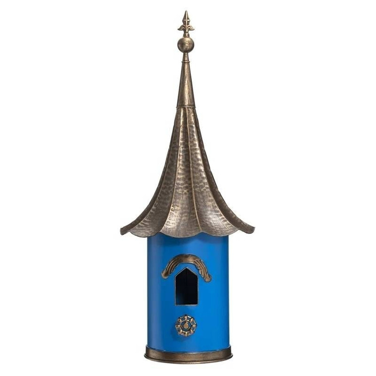 Outdoor Teal Blue Metal Birdhouse with Vintage Bronze Phonograph Style Roof Q280-KPTBDGH685921