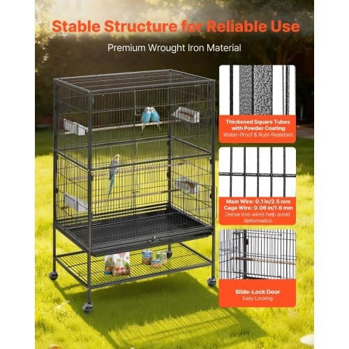 Bird Cage, 31.5 x 20.5 x 52 inch, Flat Top, Wrought Iron Bird Flight Cage with Perches, Slide-Out T E415-YTSNL311204ILMB1R001V0