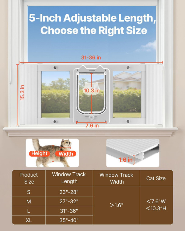 Cat Door for Window, Adjustable to Fit Window Width 31"-36", 4 Secure Lock Modes, Aluminum Frame an E415-CHMMZYSSK313HZ9S2001V0