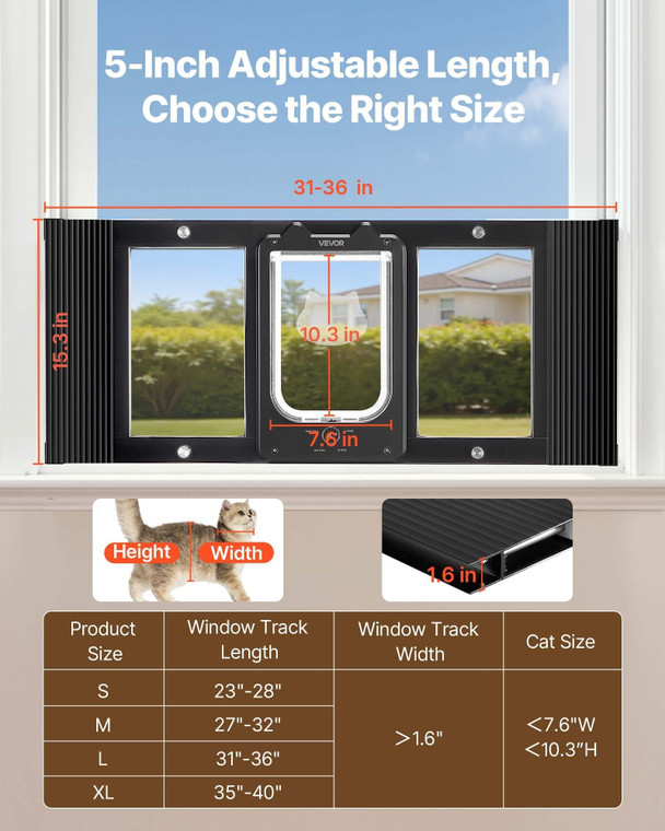 Cat Door for Window, Adjustable to Fit Window Width 31"-36", 4 Secure Lock Modes, Aluminum Frame an E415-CHMMZYSSK313SVA04001V0