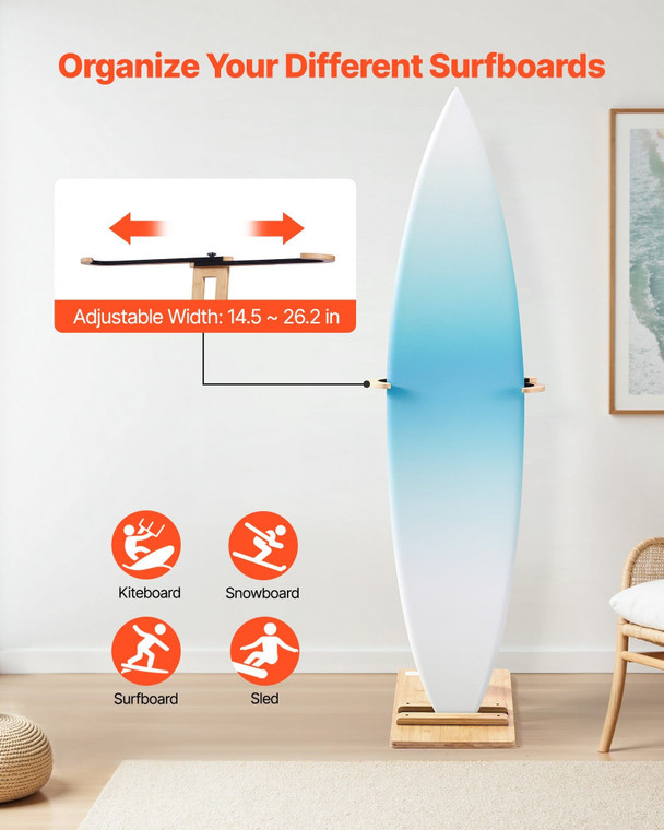 Vertical Surfboard Stand, Wooden Surfboard Rack for Storage and Display, Adjustable & Freestanding  E415-JBCLBZJLDSSXOVCOH001V0