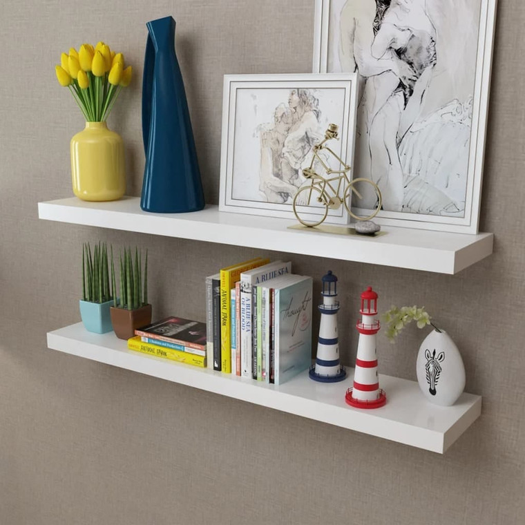 2 White MDF Floating Wall Display Shelves Book/DVD Storage A949-242185