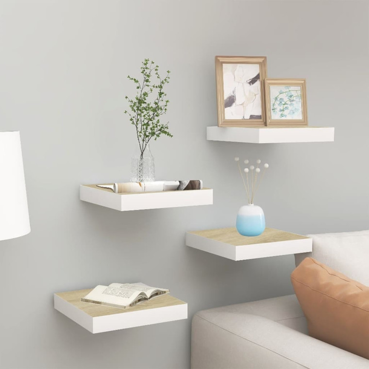 Floating Wall Shelves 4 pcs Oak and White 9.1"x9.3"x1.5" MDF A949-326569