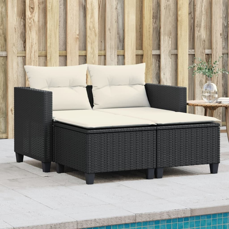  Patio Sofa 2-Seater with Stools Black Poly Rattan A949-365790