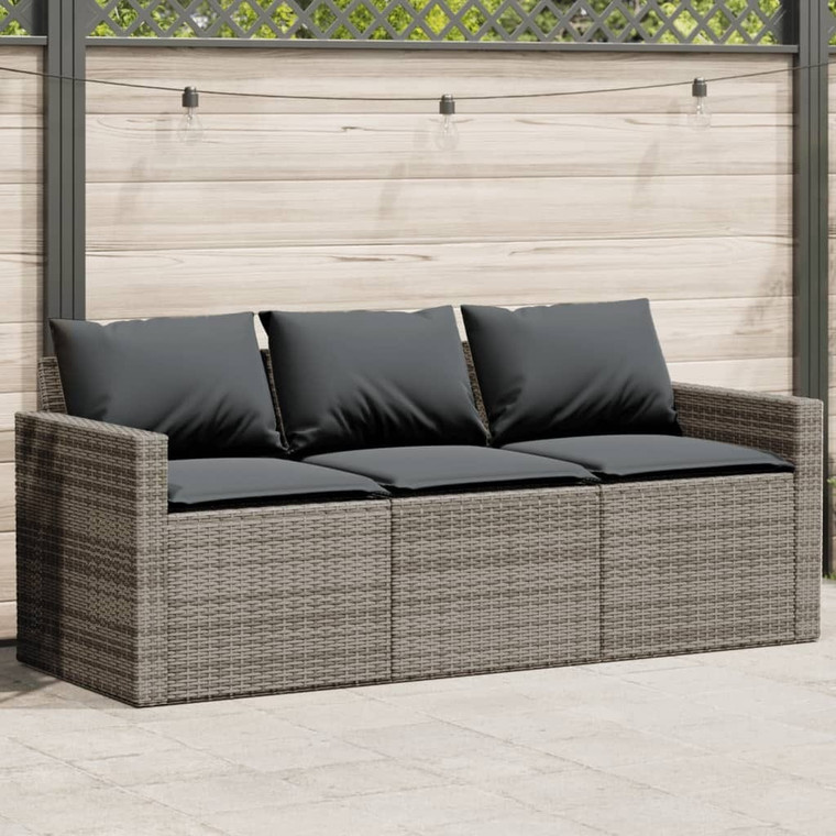  Patio Sofa with Cushions 3-Seater Gray Poly Rattan A949-366343