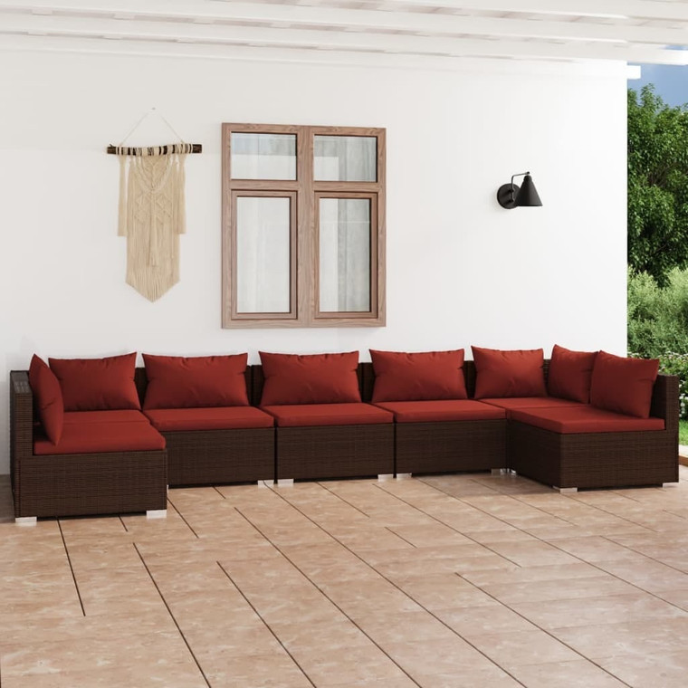  7 Piece Patio Lounge Set with Cushions Poly Rattan Brown A949-3101891
