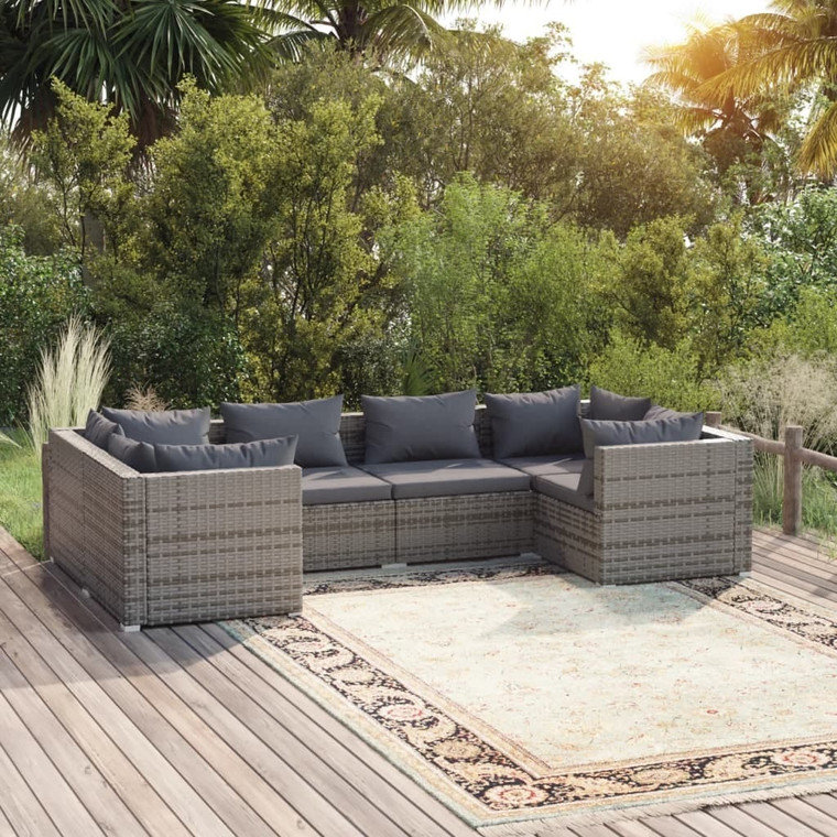  6 Piece Patio Lounge Set with Cushions Poly Rattan Gray A949-3101941