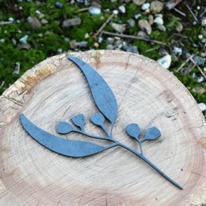 Laser cut garden art - two eucalyptus leaves with five gumnuts in Corten steel