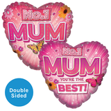 An 18 inch No.1 Mum Heart Foil Balloon, manufactured by Sensations.
