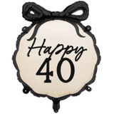 A 19 inch Happy 40 Black Bow Foil Balloon.